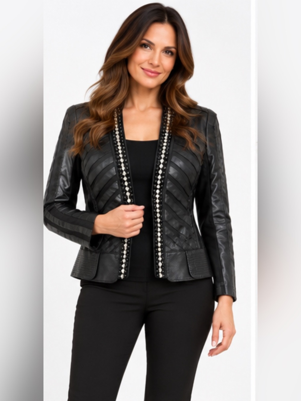 Frank Lyman Design Black Leather Jacket with Stud Trim size XL